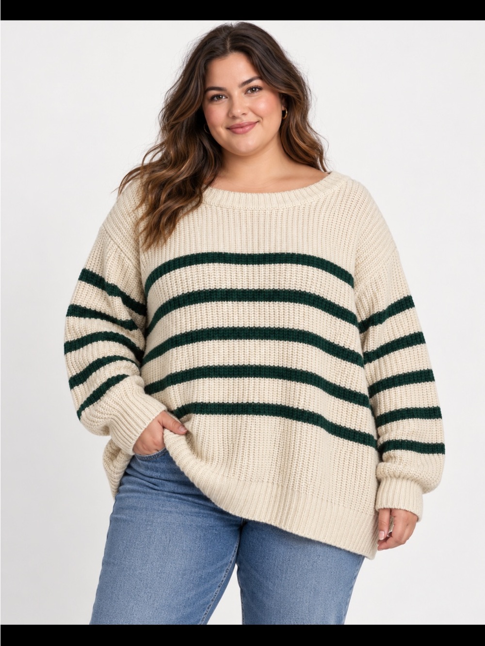 Maurices Cream Sweater with Dark Green Stripes